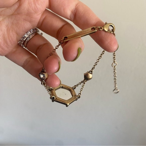 Gold Tone Chain Bracelet w Purple/Green Iridescent Center Stone & Rhinestones - Picture 2 of 2